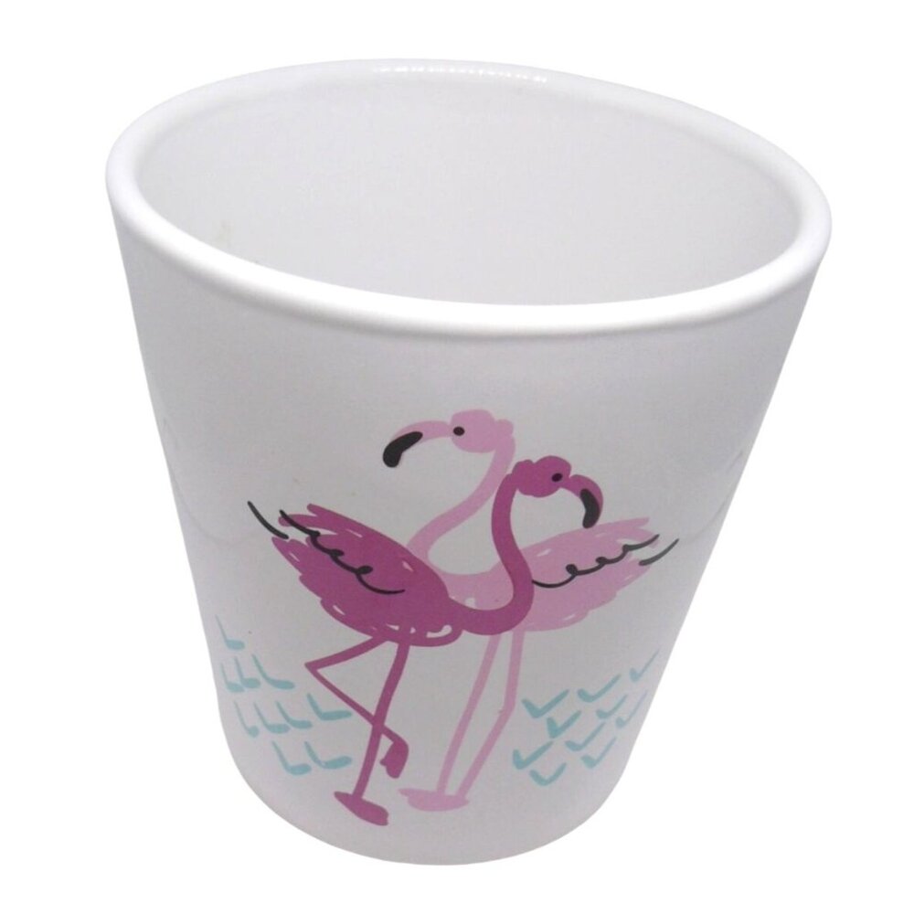 Multi-use White Ceramic Planter Pot Cup with Pink Flamingo Design BHG